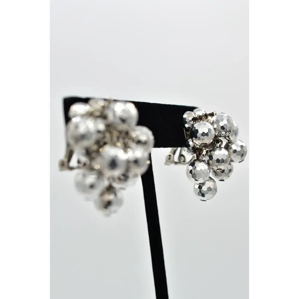 Laguna Vintage Clip On Crystal Earrings Silver Disco Chandelier Signed 50s BinBK